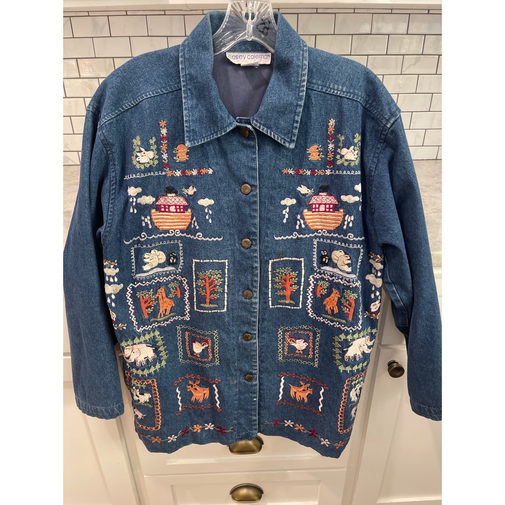 Casey Coleman Denim Jacket Women M Blue Noahs Ark Embroidered Lined Button Up